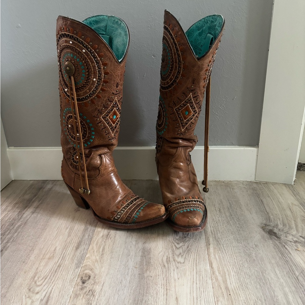 Boho Brown Leather Boots with Teal Accents
